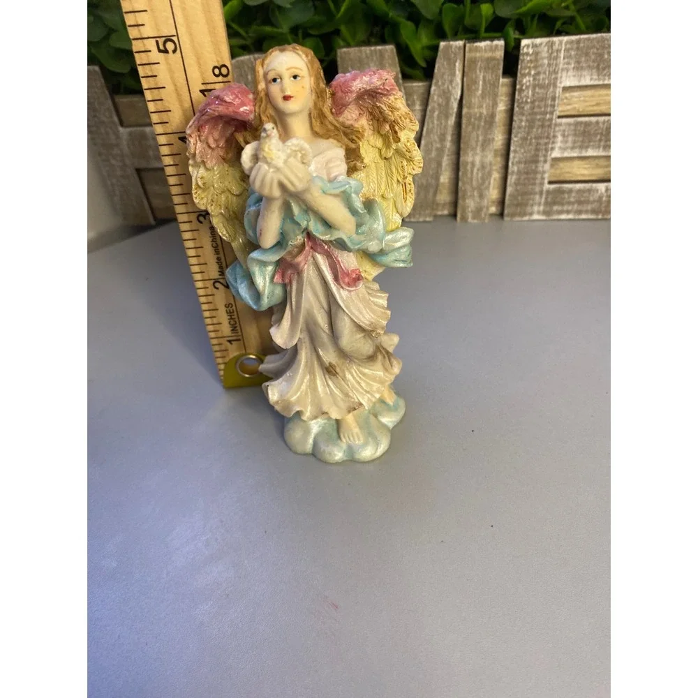 Angel Figurine‎ Holding Dove White Blue Pink Wings Statue